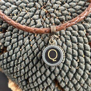 Braided Leather Necklace, Vintage Typewriter Key, Womens Mens Layering Necklace